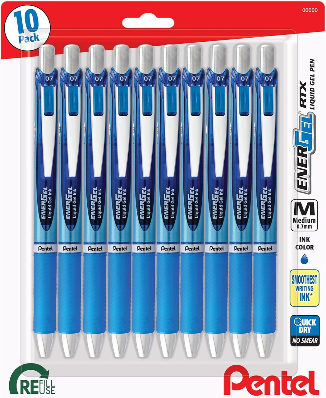Retractable Premium Liquid Gel Pen, (0.7mm) Needle Tip, Ultra Smooth, Medium Line, Blue Ink 10 Pack